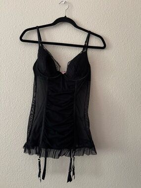 PINK Victoria's Secret Black Lace & Mesh Chemise with Garter Ties